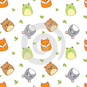 Forest animals on seamless pattern. Squishmallows.Fox bear frog mouse Kawaii Vector