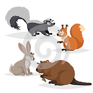 Forest animals set. Skunk, squirrel, hare and beaver. Happy smiling and cheerful characters. Vector zoo illustrations