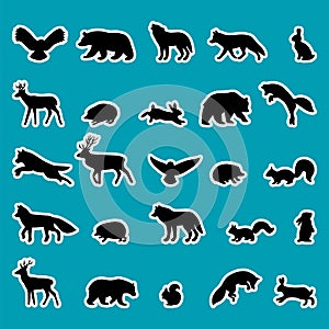 Forest animals. Silhouettes, stickers. Black outline of wild woodland animals. Bear, deer, wolf, fox, owl, hedgehog, squirrel,