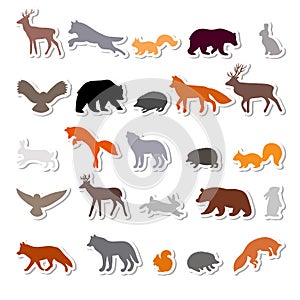 Forest animals. Silhouettes, stickers. Outline of wild forest animals. Bear, deer, wolf, fox. hare