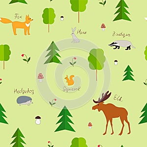 Forest animals. Vector color drawing green image background.