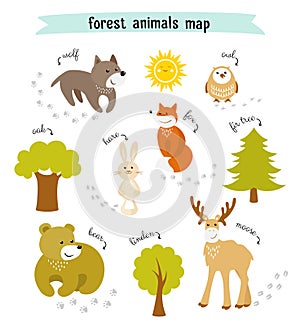 Forest animals vector map with trees and animal footprints photo