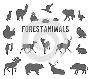Forest animals vector silhouettes set.