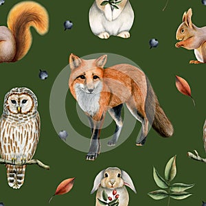 Forest animals watercolor seamless pattern with red fox, bunny rabbit, owl squirrel with fall leaves on green background