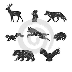 Forest animals. Wild woodland animals with grunge effect. Hand drawn silhouettes