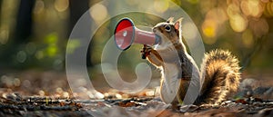 Forest Announcer: Squirrel\'s Megaphone Moment. Concept Wildlife Stories, Forest Adventures, Nature