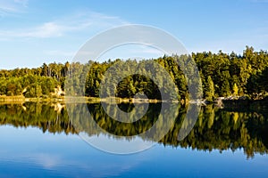Forest around the lake, beautiful landscape. Reflections on water surface. Meditation in nature concept