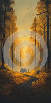 Forest Artwork In The Style Of Brent Cotton, Simon Stalenhag, And Alexander Jansson