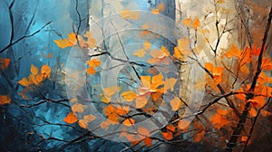 Forest autumn background with branches with orange leaves on atmospheric blue backdrop, imitation of an oil painting.