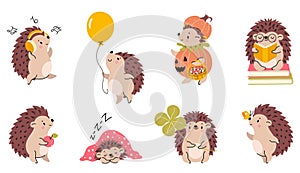 Forest autumn hedgehogs. Cute cartoon hedgehog play with balloon, listen music and reading books. Halloween animal in
