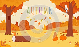 Forest autumn landscape with squirrel and bird, pumpkins and mushroom. Fall leaves falling, decorative seasonal photo