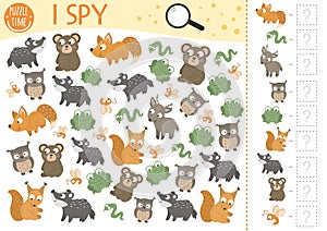 Forest baby animals I spy game for kids. Searching and counting activity for preschool children with little fox, squirrel, bear,