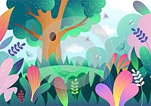 Forest background. Cartoon wild nature. Enchanted garden. Fairytale jungle. Cute woods and meadow plants. Summer park