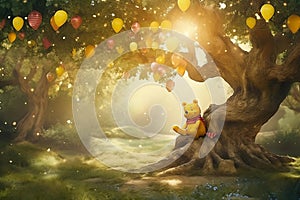 Forest background with sunlight, yellow and red balloons, fairy tale full, bear party
