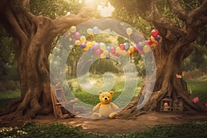 Forest background with sunlight, yellow and red balloons, fairy tale full, bear party