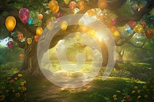 Forest background with sunlight, yellow and red balloons, fairy tale full, bear party