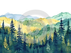 Forest background. Watercolor painting of a spruce forest