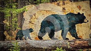 Forest bears walking, textured background, nature art print