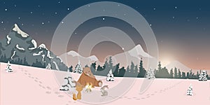 Forest beasts, bear, hare and fox sit in the night forest and warm themselves by the fire. Vector illustration