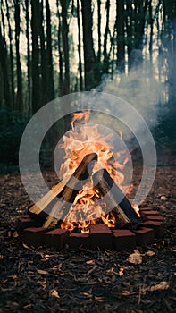 Forest Bonfire Burning Wood and Brick Surrounding with Smoke