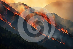 Forest burning on the mountainside, natural disaster, climate change, global warming, arial view