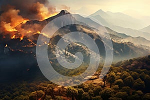 Forest burning on the mountainside, natural disaster, climate change, global warming, arial view