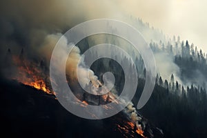 Forest burning on the mountainside, natural disaster, climate change, global warming, arial view