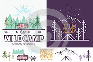 Forest camp linear vector illustration with tent, mountains, trees, cloud, sun. Camping travel tourism creative graphic