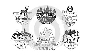 Forest Camp Premium Retro Labels Set, Camping Club, Summer Adventures Emblems Vector Illustration