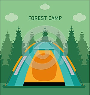 The forest camp. The tent in a forest.