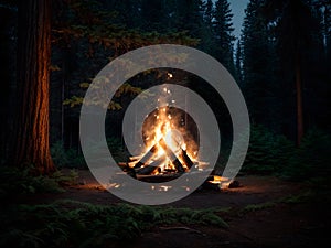 A forest campfire at night