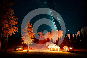 Forest camping illustration with fire in the wild ai generated