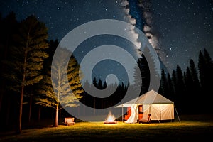 Forest camping illustration with fire in the wild ai generated