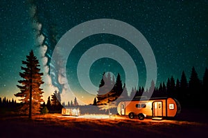 Forest camping illustration with fire in the wild ai generated