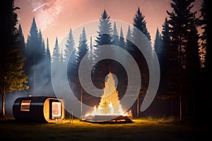 Forest camping illustration with fire in the wild ai generated