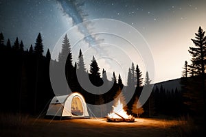 Forest camping illustration with fire in the wild ai generated