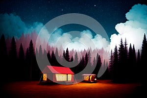 Forest camping illustration with fire in the wild ai generated