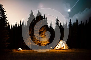 Forest camping illustration with fire in the wild ai generated