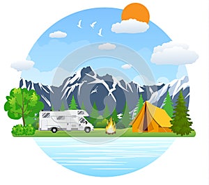 Forest camping landscape with rv traveler bus in flat design.