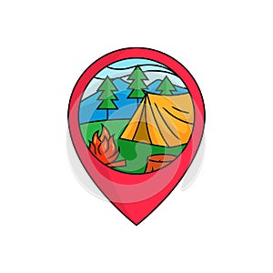Forest camping map pin locator logo badge. Tent with bonfire at mountain pine forest illustration for outdoor activity concept.
