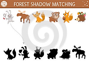Forest or camping shadow matching activity with cute animals. Family nature trip puzzle with moose, fox, bear, rabbit, fox,