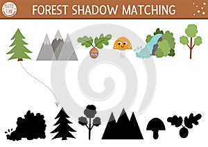 Forest or camping shadow matching activity with cute nature elements. Family nature trip puzzle with mountains, mushrooms, trees,