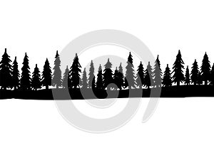 Forest of Christmas fir trees silhouette. Coniferous spruce panorama. Park of evergreen wood. Vector on white background