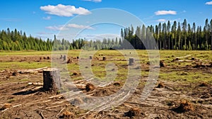 Forest cleared leaving stumps and discarded trees