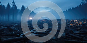 forest disaster. Cut down forest. Deforested landscape. Ecological Balance, Climate Change. Smoke and fire.