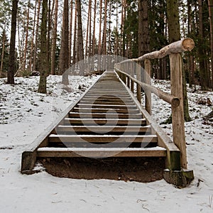 Forest Climb: Wooden Steps Ascending Tervetes\' Snowy Hills