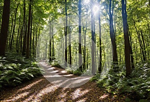 The forest comes alive with the gentle rustle of leaves as a winding path leads through the dappled sunlight, inviting