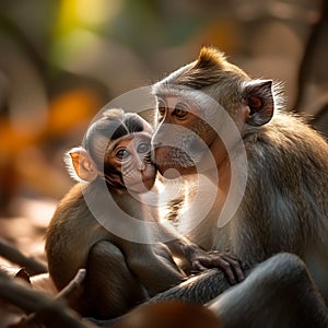 Forest companionship Young macaque and mother sitting peacefully in nature