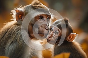 Forest companionship Young macaque and mother sitting peacefully in nature