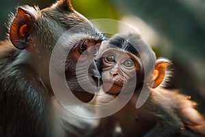 Forest companionship Young macaque and mother sitting peacefully in nature